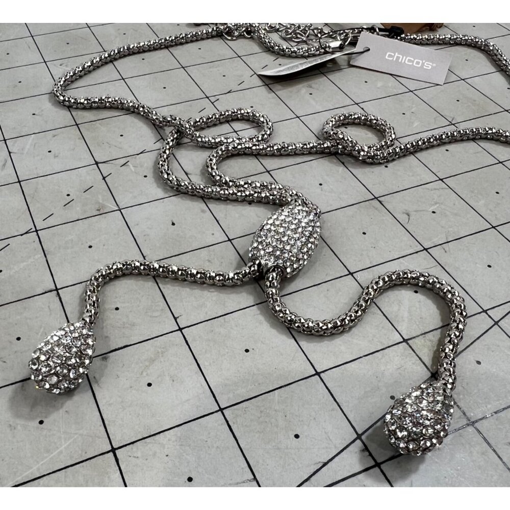 Chico's Silver-Tone Crystal Drop Lariat Necklace Adjustable Lobster Clasp NEW - Picture 4 of 7
